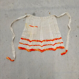 Vintage Hand Crochet Apron Orange and White
